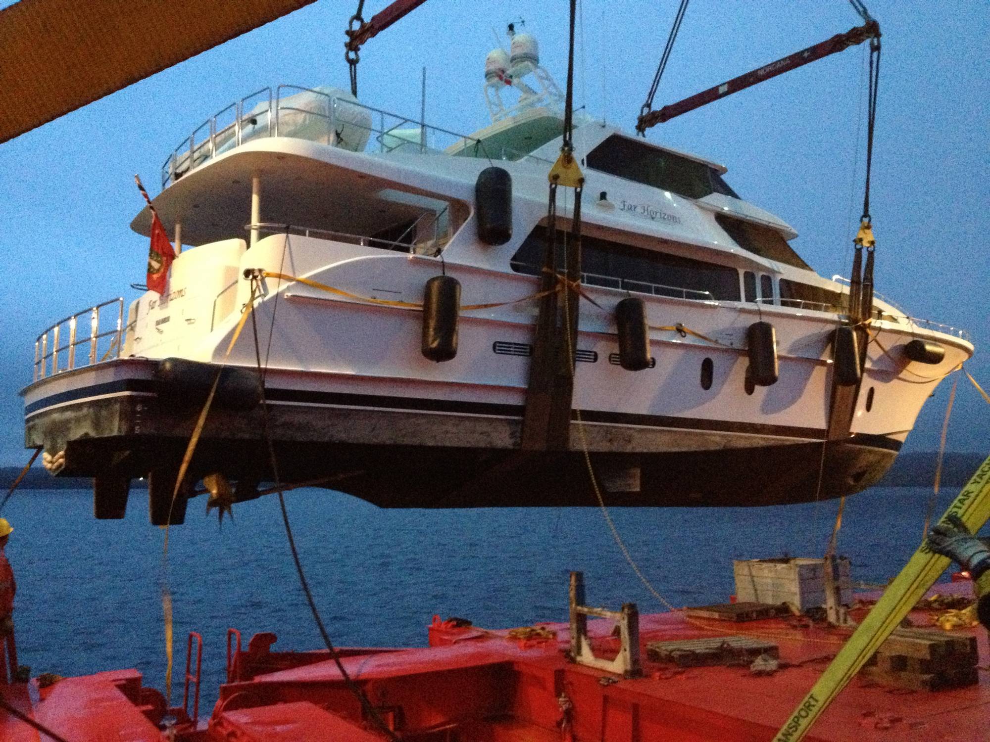 Motor yacht lifted by crane onto a ship